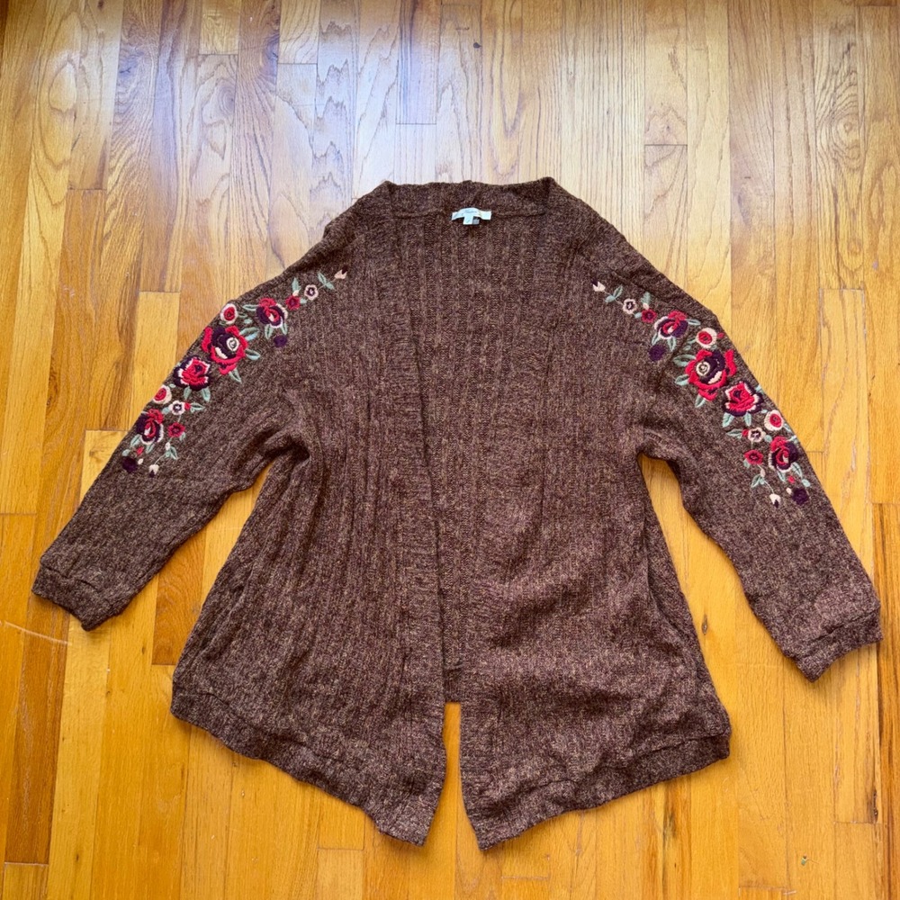Andree by UNIT Brown Floral Embroidered Cardigan Sweater Pockets L Boho Fall